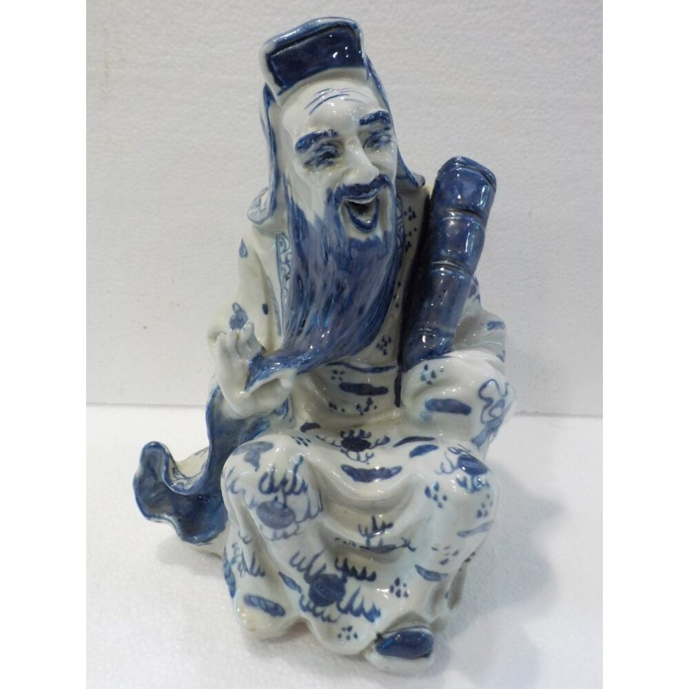 Vintage Asian Blue White Large Figurine Porcelain Scholar Man Sitting Figure
